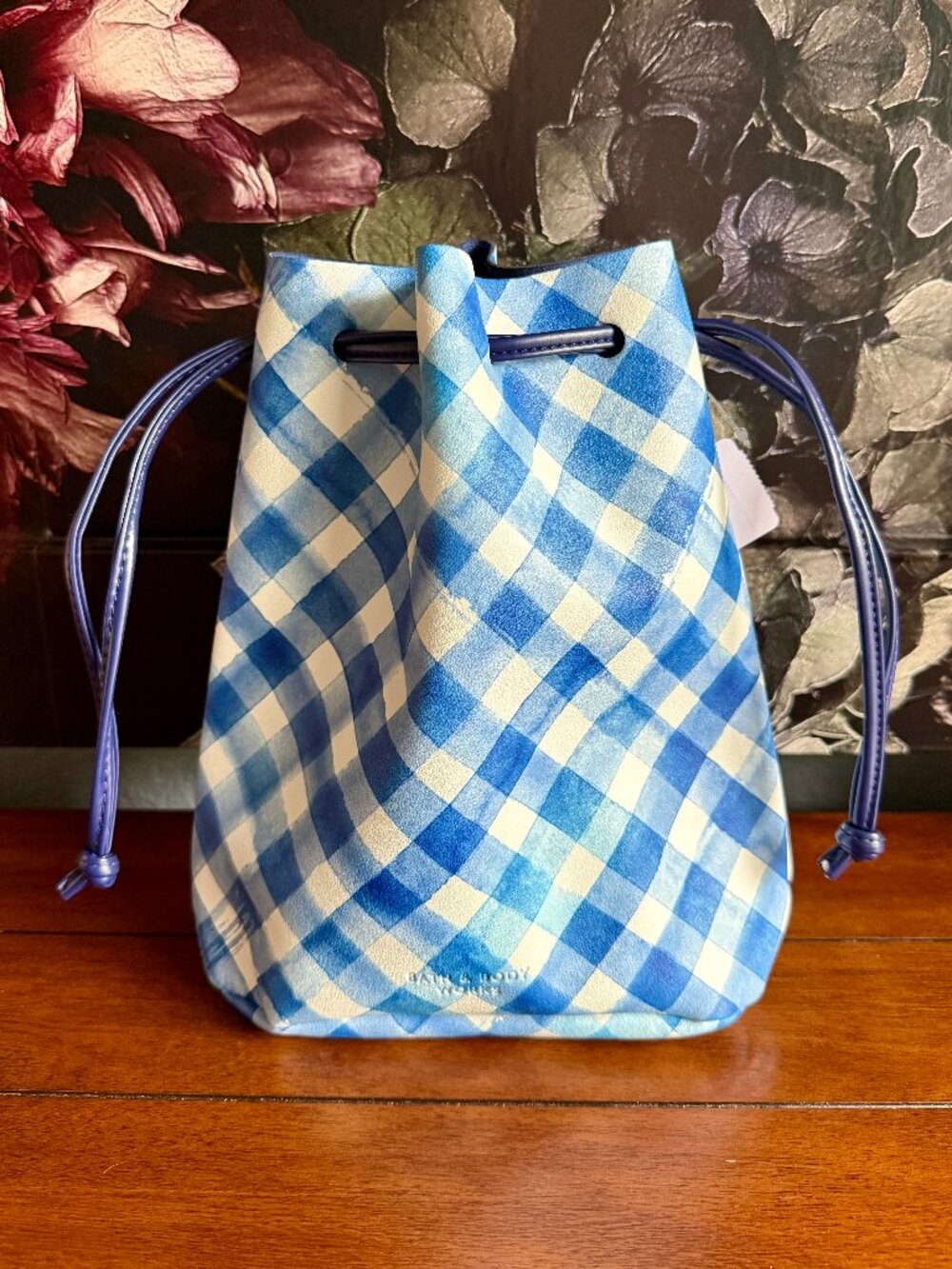 NEW Bath & Body Works Blue Gingham Drawstring Bucket Bag
